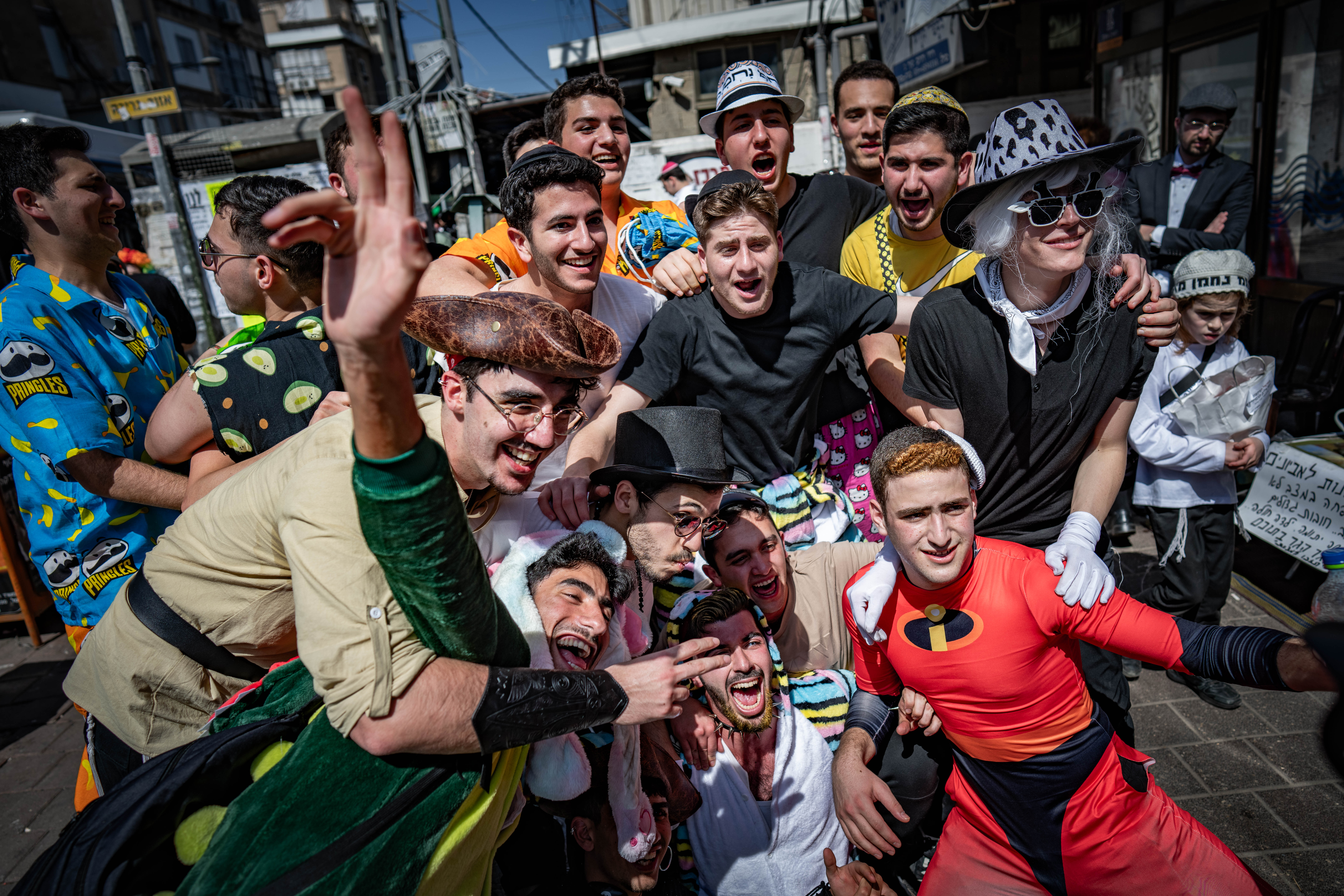 Ultra-Orthodox Jews celebrate Purim in the city of Bnei Brak on March 14, 2025. Photo: Erik Marmor/Flash90