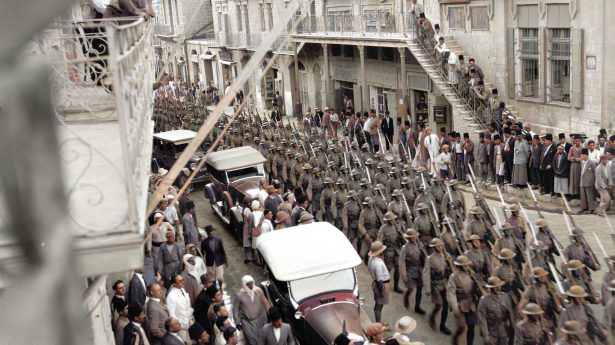 1929 Palestine riots. Armed British forces march through the city in an attempt to establish order.