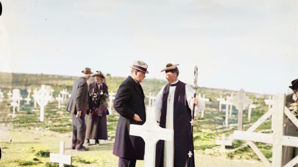 Winston Churchill with Bishop MacInnes of Jerusalem, at the memorial service in the Military Cemetery on Mt. Scopus. March 26, 1921.