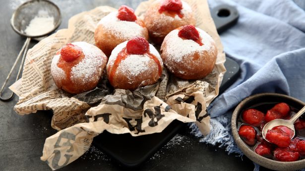Gourmet sufganiyot, the traditional jelly-filled donuts eaten on Hanukkah, served at a trendy restaurant in Tel Aviv.