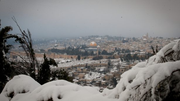 View of the Dome of the Rock on the Temple Mount as seen from a snow-covered Mt of Olives, January 27, 2022.