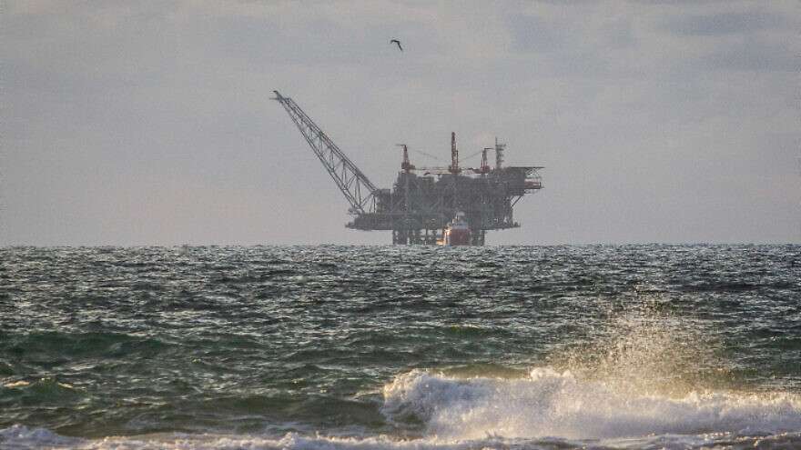 A view of the Israeli Leviathan gas field processing rig from Dor Habonim Beach Nature Reserve, Israel, on Jan. 1, 2020.