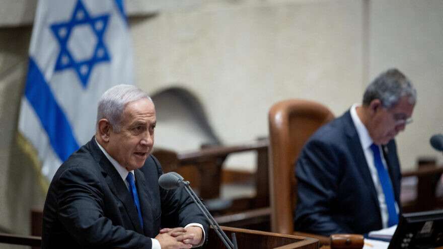 Opposition leader Benjamin Netanyahu attends a plenum session in the Knesset assembly hall, June 20, 2022.