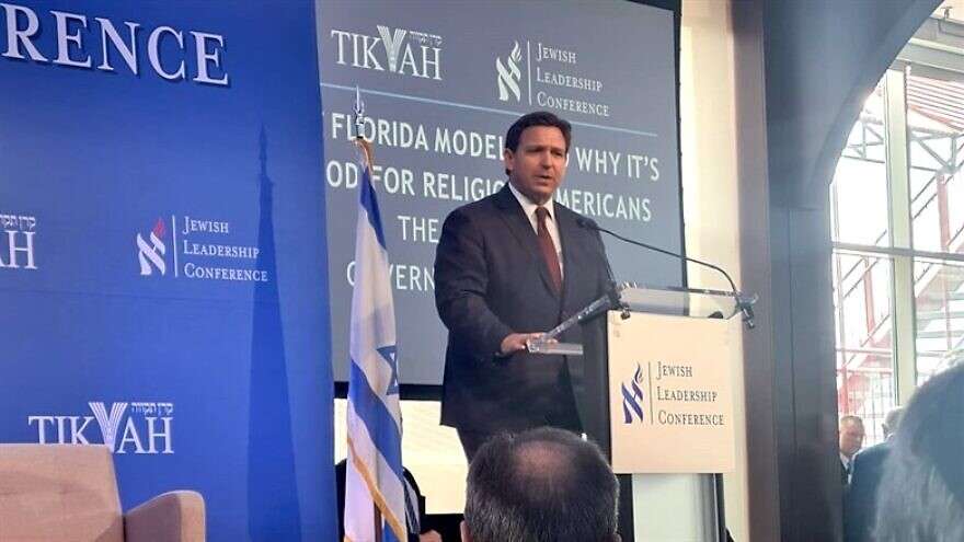Israel and America Meet Head-On at Conservative Conference Florida Gov. Ron DeSantis addresses a crowd at the 2022 Tikvah Fund's Jewish Leadership Conference. Credit: Courtesy.