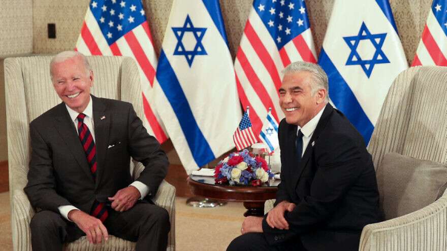 U.S. President Joe Biden meets with Israeli Prime Minister Yair Lapid in Jerusalem, on July 14, 2022.