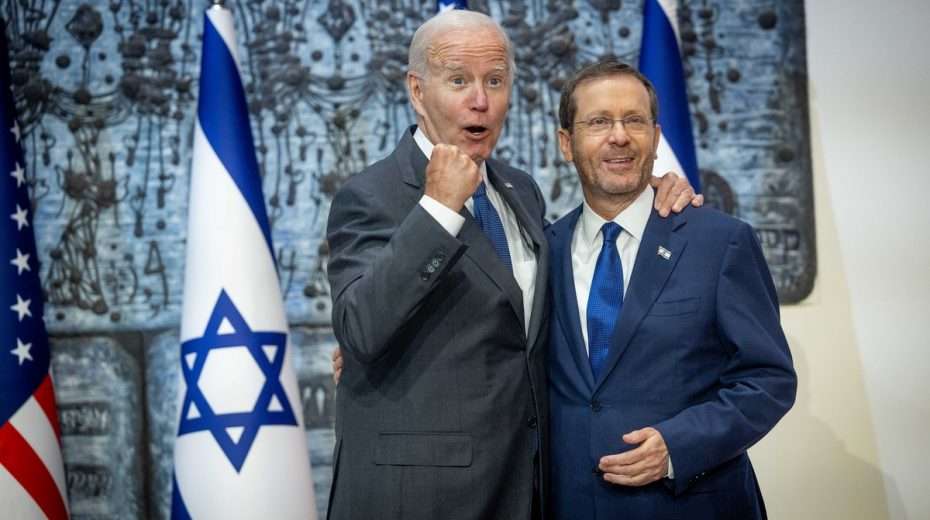 US President Joe Biden looking enthusiastic during his meeting with Israel President Isaac Herzog in Jerusalem.