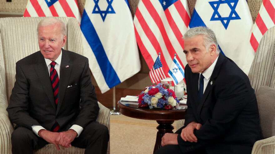 U.S. President Joe Biden meets with Israeli Prime Minister Yair Lapid in Jerusalem on July 14, 2022.