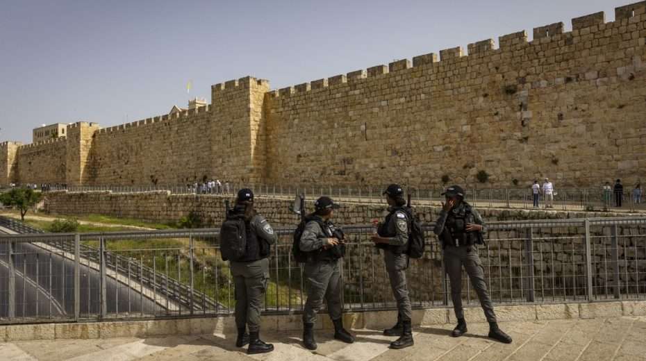 Israeli border guards watch over the entrance to the Old City of Jerusalem.