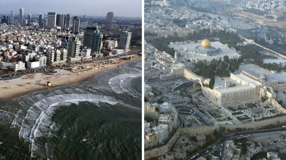 Situated less than an hour apart, Israel's two main cities, Tel Aviv (left) and Jerusalem (right), couldn't be more different.