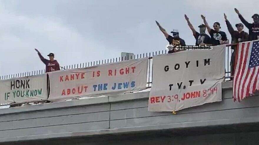 "Goyim Defense League" banners supporting Kanye West's comments about Jews over a Los Angeles bridge, Oct. 22, 2022. Source: Twitter.