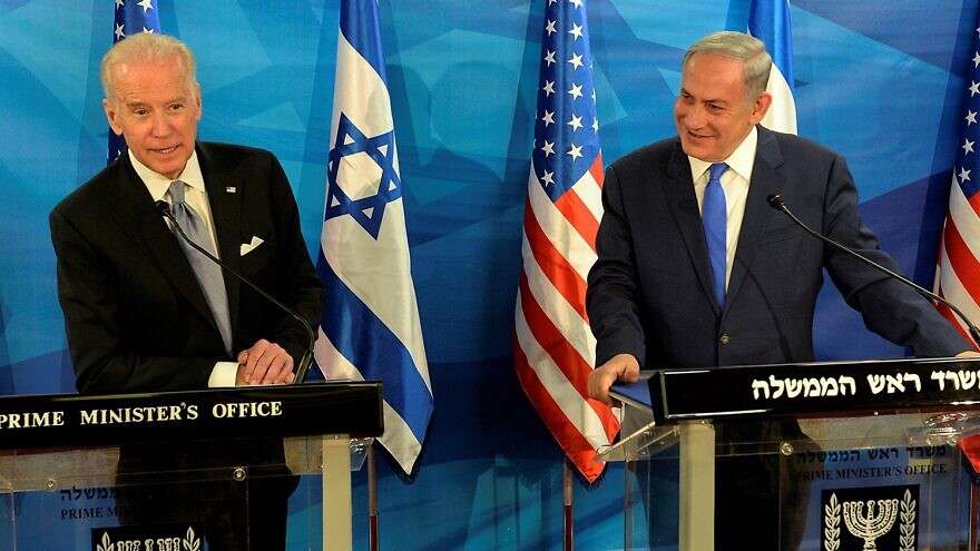 Former U.S. Vice President (now president) Joe Biden with Israeli Prime Minister Benjamin Netanyahu in Israel, March 2016. Credit: U.S. Embassy/Wikimedia Commons.