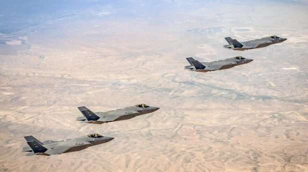 Israeli and American F-35 fighter jets during a joint training exercise.