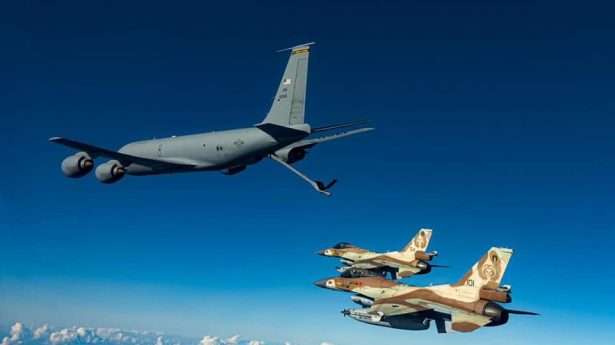 Israeli F-16s are refueled by a US Air Force tanker during a joint exercise simulating a strike on Iran's nuclear facilities.