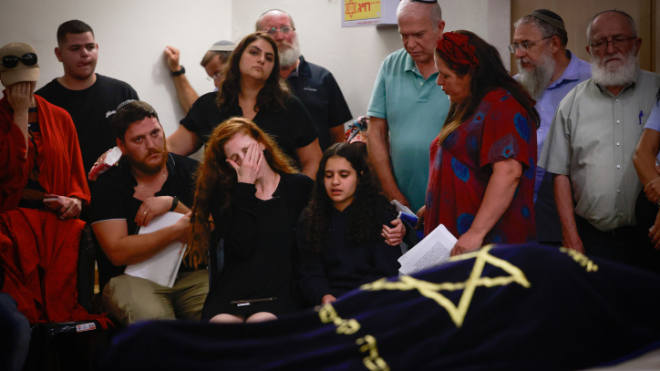 Family and friends attend the funeral of Batsheva Nigri who was murdered in a terrorist shooting attack near Hebron earlier today at the Gush Etzion Regional Cemetery in Kfar Etzion on August 21, 2023. Photo by Chaim Goldberg/Flash90