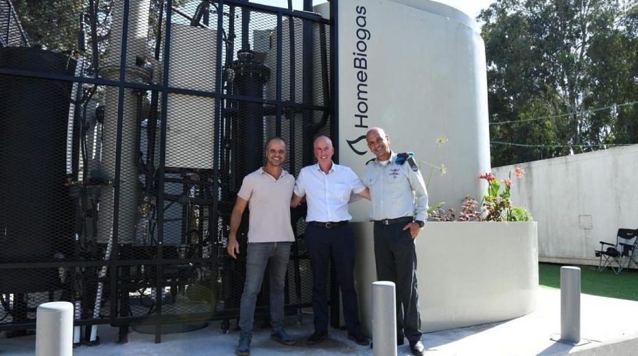 IDF to turn organic waste into renewable energy At the IDF's Glilot Base near Herzliya are, from left, Oshik Efrati, CEO of HomeBiogas; Erez Zidon, director of the Defense Ministry’s Logistics and Assets Department; and Brig. Gen. Pini Ben Moyal, head of the IDF Logistics Division, Aug. 7 2023. Credit: Ministry of Defense Spokesperson’s Office.
