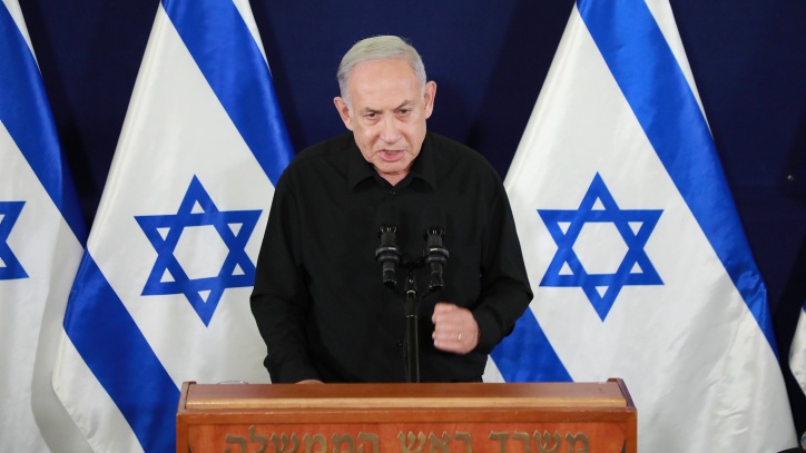 Netanyahu calls civilized world to arms against ‘forces of barbarism’ Israeli prime minister Benjamin Netanyahu speaks at a press conference at the Ministry of Defense, in Tel Aviv. October 28, 2023. Photo by Dana Kopel/POOL