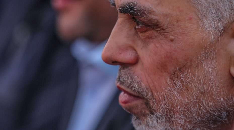 Hamas leader Yahya Al-Sinwar at a Hamas rally to mark Al-Quds Day or "Jerusalem Day" in Gaza City on April 14, 2023. Photo: EPA-EFE/MOHAMMED SABER