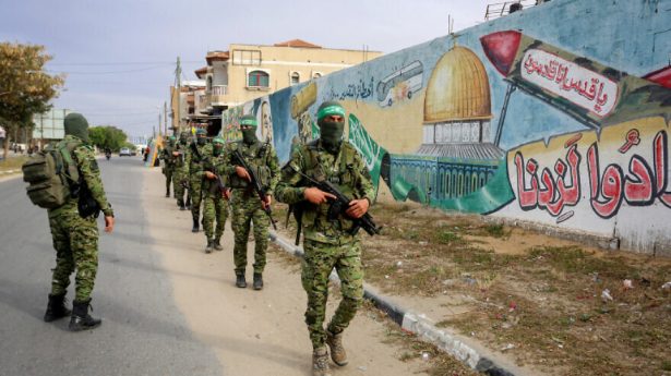 Palestinian fighters in the Izz ad-Din al-Qassam Brigades, the armed wing of Hamas, during a patrol in Rafah in the southern Gaza Strip on April 27, 2020. Photo by Abed Rahim Khatib/Flash90.
