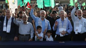 Yahya Sinwar, leader of the Palestinian Islamic Movement Hamas in the Gaza Strip and Hamas officials, attend a rally of the Hamas Movement, in Gaza City, on October 1, 2022. Photo by Attia Muhammed/Flash90