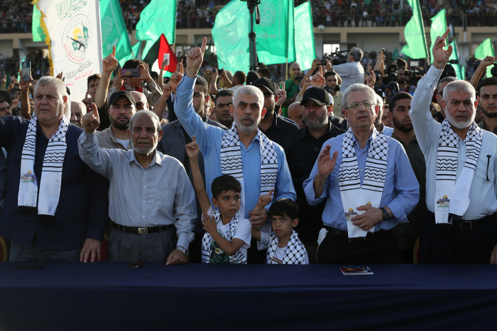 Yahya Sinwar, leader of the Palestinian Islamic Movement Hamas in the Gaza Strip and Hamas officials, attend a rally of the Hamas Movement, in Gaza City, on October 1, 2022. Photo by Attia Muhammed/Flash90