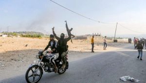 Terrorists at the Erez border crossing, after a major Hamas attack on Israel on October 7, 2023. Photo: Atia Mohammed/Flash90