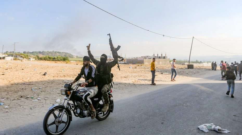 Terrorists at the Erez border crossing, after a major Hamas attack on Israel on October 7, 2023. Photo: Atia Mohammed/Flash90