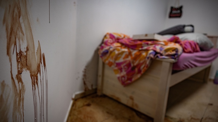 Kibbutz Nir Oz: The bedroom where an Israeli child was slaughtered by Hamas invaders. Photo by Yonatan Sindel/Flash90