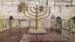 The traditional menorah is placed in the Western Wall Plaza in preparation for Chanukah, Dec. 13, 2022. Credit: Western Wall Heritage Foundation.