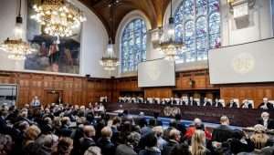 The International Court of Justice (ICJ) with President Donoghue and other judges before the hearing in the genocide suit brought by South Africa against Israel, on January 11, 2024. Photo: EPA-EFE/REMKO DE WAAL