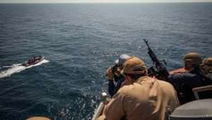 Sailors assigned to the Arleigh Burke-class guided-missile destroyer USS Carney (DDG 64) respond to a simulated small-craft vessel during an anti-terrorism drill on Dec. 6, 2023. Carney is deployed to the U.S. 5th Fleet area of operations to help ensure maritime security and stability in the Middle East region. Credit: Mass Communication Specialist 2nd Class Aaron Lau/U.S. Navy.