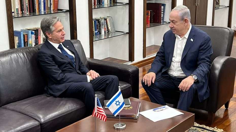 Israeli Prime Minister Benjamin Netanyahu meets with U.S. Secretary of State Antony Blinken at the Kirya military headquarters in Tel Aviv on Nov. 3, 2023. Credit: Amos Ben-Gershom/GPO.