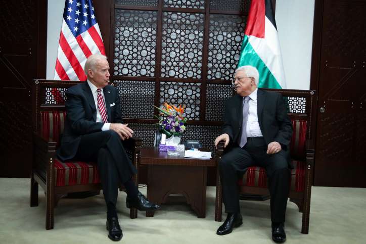 Then-US Vice President Joe Biden meets with Palestinian leader Mahmoud Abbas in 2016. Photo by Flash90