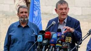 Philippe Lazzarini, commissioner-general of the United Nations Relief and Works Agency for Palestine Refugees in the Near East (UNRWA), during a visit at al-Shati refugee camp in Gaza City on Oct. 12, 2021. Photo by Abed Rahim Khatib/Flash90.