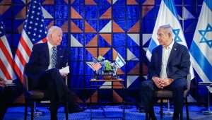 Prime Minister Benjamin Netanyahu meets with President Joe Biden in Tel Aviv, Oct. 18, 2023. Photo by Miriam Alster/Flash90.