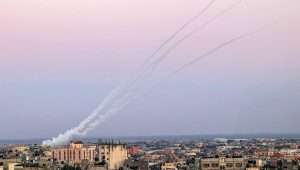 Rockets are fired from the Gaza Strip towards Israel, Nov. 7, 2023. Photo by Abed Rahim Khatib/Flash90.