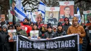 People protest march for hostages marking 100 days since the start of the war between Israel and Hamas, at Central Park in New York City, on January 14, 2024. Photo by Arie Leib Abrams/Flash90