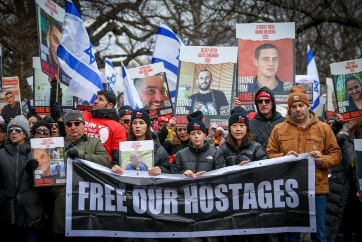 People protest march for hostages marking 100 days since the start of the war between Israel and Hamas, at Central Park in New York City, on January 14, 2024. Photo by Arie Leib Abrams/Flash90