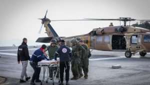A wounded person from the scene of the anti-tank missile in Kfar Yuval, is brought to the Ziv Medical center in Tzfat, northern Israel, January 14, 2024. Photo by David Cohen/Flash90