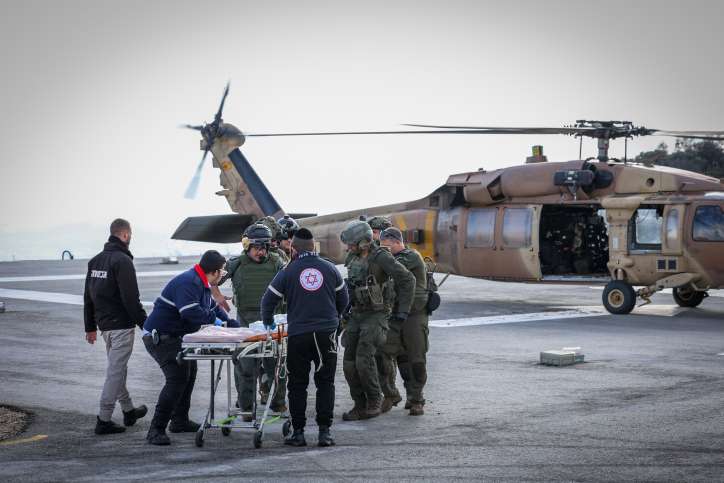 A wounded person from the scene of the anti-tank missile in Kfar Yuval, is brought to the Ziv Medical center in Tzfat, northern Israel, January 14, 2024. Photo by David Cohen/Flash90