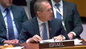 Israeli Ambassador to the United Nations Gilad Erdan at a U.N. Security Council meeting that discussed the war with Hamas in the Gaza Strip, Oct. 18, 2023. Credit: Courtesy of the Israeli Mission to the United Nations.