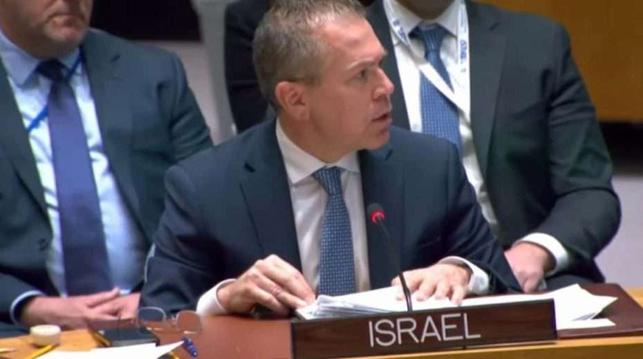 Israeli Ambassador to the United Nations Gilad Erdan at a U.N. Security Council meeting that discussed the war with Hamas in the Gaza Strip, Oct. 18, 2023. Credit: Courtesy of the Israeli Mission to the United Nations.