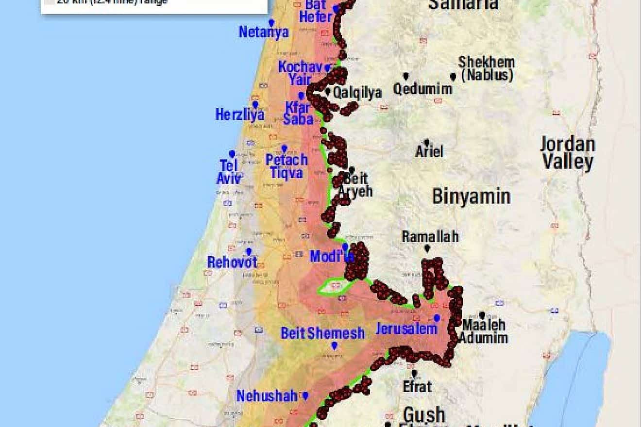 A map showing illegal Arab construction along the Judea and Samaria security barrier, Jan. 8, 2024. Courtesy.