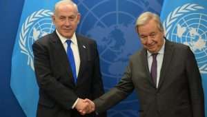 Israeli Prime Minister Benjamin Netanyahu meets with António Guterres, secretary-general of the United Nations in New York City on Sept. 20, 2023. Credit: Avi Ohayon/GPO.