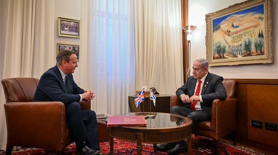 UK Foreign Secretary David Cameron meets with Israeli Prime Minister Benjamin Netanyahu in Jerusalem on Jan. 24, 2024. Photo by Kobi Gideon/GPO.