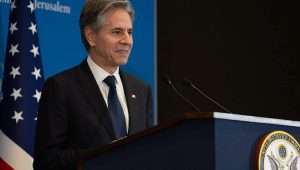 Antony Blinken, the U.S. secretary of state, addresses the press in Jerusalem on Feb. 7, 2024. Credit: Chuck Kennedy/U.S. State Department.