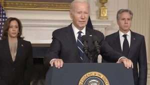 US President Joe Biden addresses the nation about Israel, flanked by Vice President Kamala Harris and Secretary of State Antony Blinken, Oct. 10, 2023. Source: YouTube/White House.