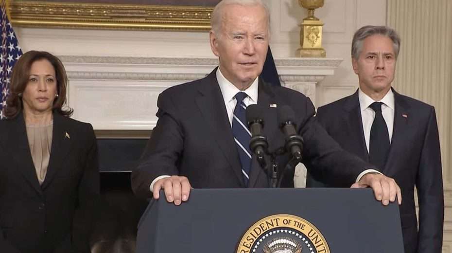 US President Joe Biden addresses the nation about Israel, flanked by Vice President Kamala Harris and Secretary of State Antony Blinken, Oct. 10, 2023. Source: YouTube/White House.