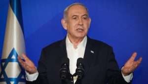 Israeli prime minister Benjamin Netanyahu speaks during a press conference at the Ministry of Defense, in Tel Aviv on January 18, 2024. Photo by Yariv Katz/POOL