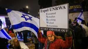 Israelis protest against United Nations Relief and Works Agency for Palestine Refugees (UNRWA) outside their offices in Jerusalem, February 5, 2024. Photo by Chaim Goldberg/Flash90