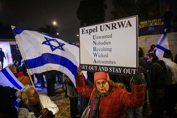 Israelis protest against United Nations Relief and Works Agency for Palestine Refugees (UNRWA) outside their offices in Jerusalem, February 5, 2024. Photo by Chaim Goldberg/Flash90